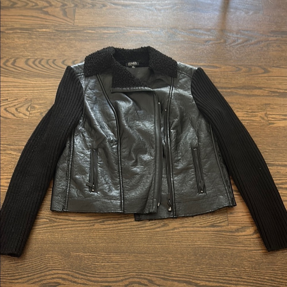 Dkny Black Moto Jacket with Knit Sleeves